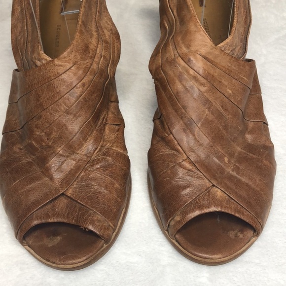 SCHULER & SONS Philadelphia Peep Toe Tie Back Tan Leather Heels 6 - Picture 2 of 11